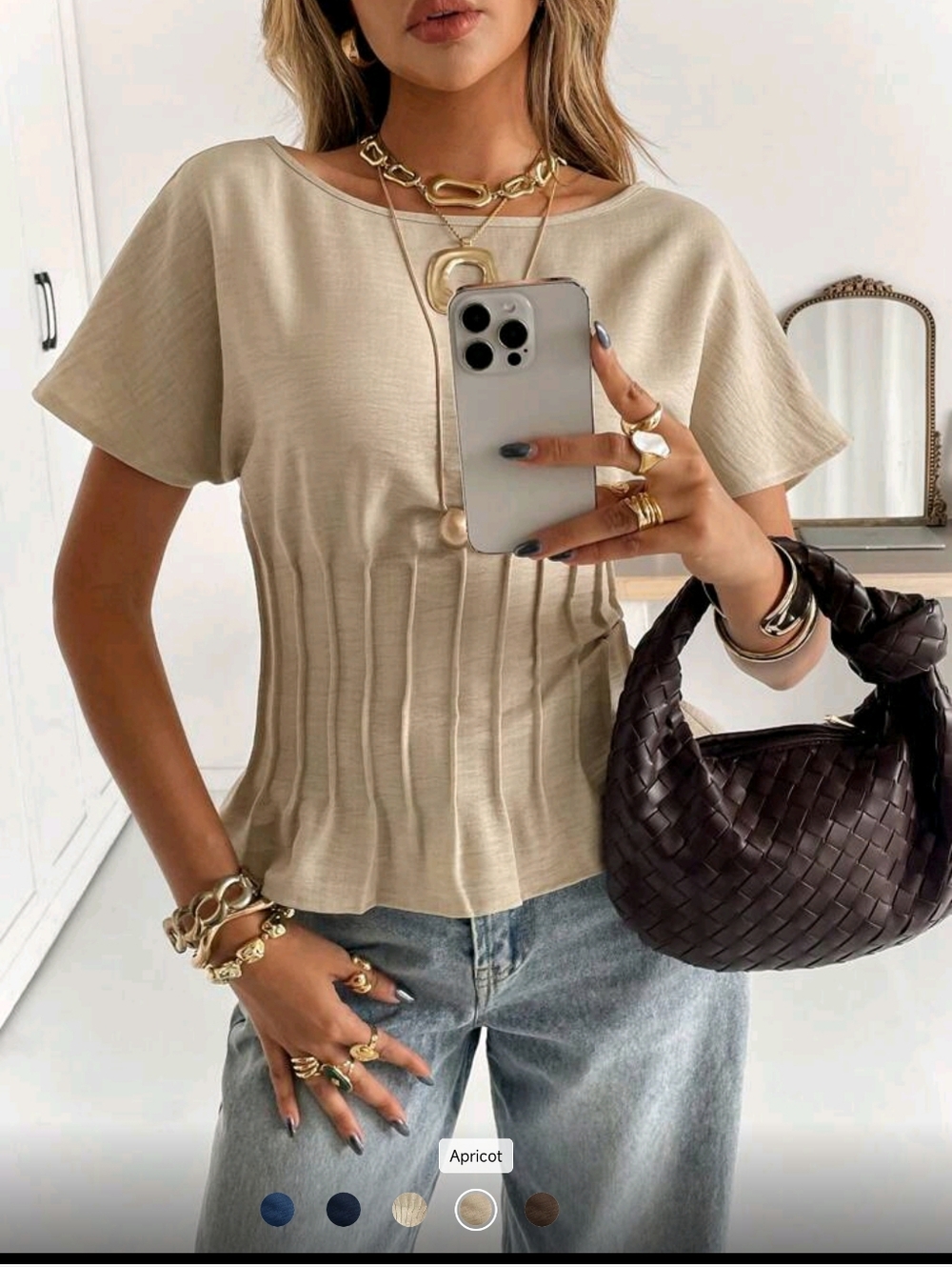 Women's Beige Pleated Waist Short Sleeve Top - Picture 5 of 6